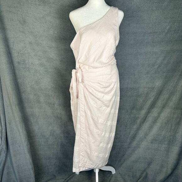 Free People Dress Womens Medium Pink Linen One Shoulder Midi Beach At Leisure - Picture 2 of 16